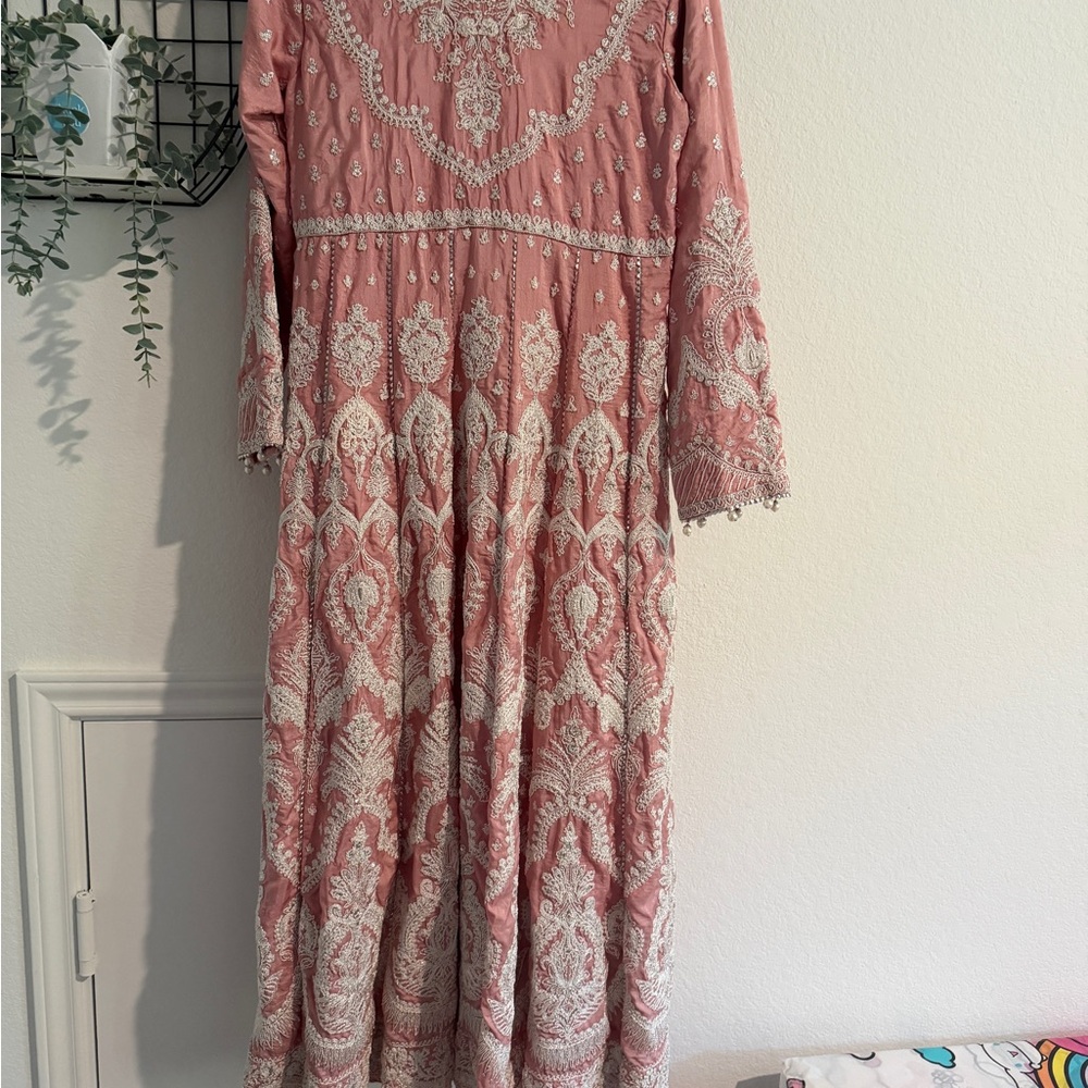 Blush Pink Embroidered Maxi Dress with Long Sleeves - Picture 1 of 9